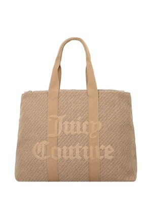 Beige woven tote bag with a herringbone pattern, featuring "Juicy Couture" in large text, dual fabric handles, and a zip closure.