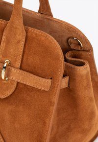 Sac à main en daim marron avec une texture lisse, des accents en métal doré et un design doux et arrondi, comportant deux compartiments intérieurs.