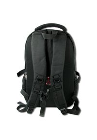 Sac à dos noir avec dos et bretelles en maille rembourrée, doté de boucles latérales réglables, d'une poignée supérieure et d'un détail de marque de circulation d'air visible.