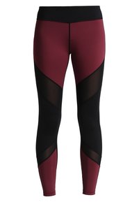 Leggings con un alto punto vita nero, corpo bordeaux con pannelli in rete nera e design geometrico. Realizzati in un materiale elastico e traspirante.