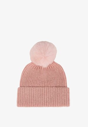 Berretto rosa lavorato a maglia con una texture a costine e un morbido pom-pom rosa gonfio sopra. Presenta un risvolto al fondo.