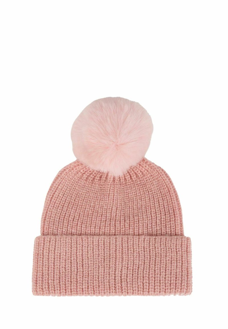 Berretto rosa lavorato a maglia con una texture a costine e un morbido pom-pom rosa gonfio sopra. Presenta un risvolto al fondo.