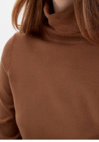 Brauner Turtleneck-Pullover aus weichem, strukturiertem Stoff, mit langen Ärmeln und einer engen Passform am Hals. Einfaches Design ohne Verzierungen.