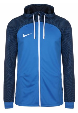 Blauer und marineblauer Nike-Kapuzenpullover mit Reißverschluss, weißen Kordeln, gemusterten Ärmeln und weißem Nike-Swoosh auf der linken Brust.