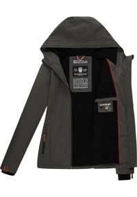 Grey waterproof jacket with a hood, featuring a black interior, red accent lining, zippered pocket, and brand tags inside.