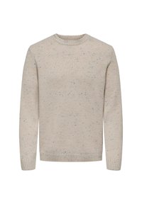Suéter beige con un escote redondo, que presenta un patrón de punto texturizado y manchas multicolores en toda su superficie. Puños y dobladillo acanalados.