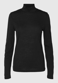 Zwarte langemouwen turtleneck shirt gemaakt van een gladde, lichte stof met een getailleerd ontwerp en subtiele textuur overal.