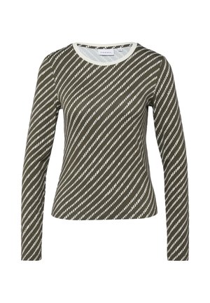 Long-sleeve olive green top with diagonal white rope-like stripes and a white round neckline.