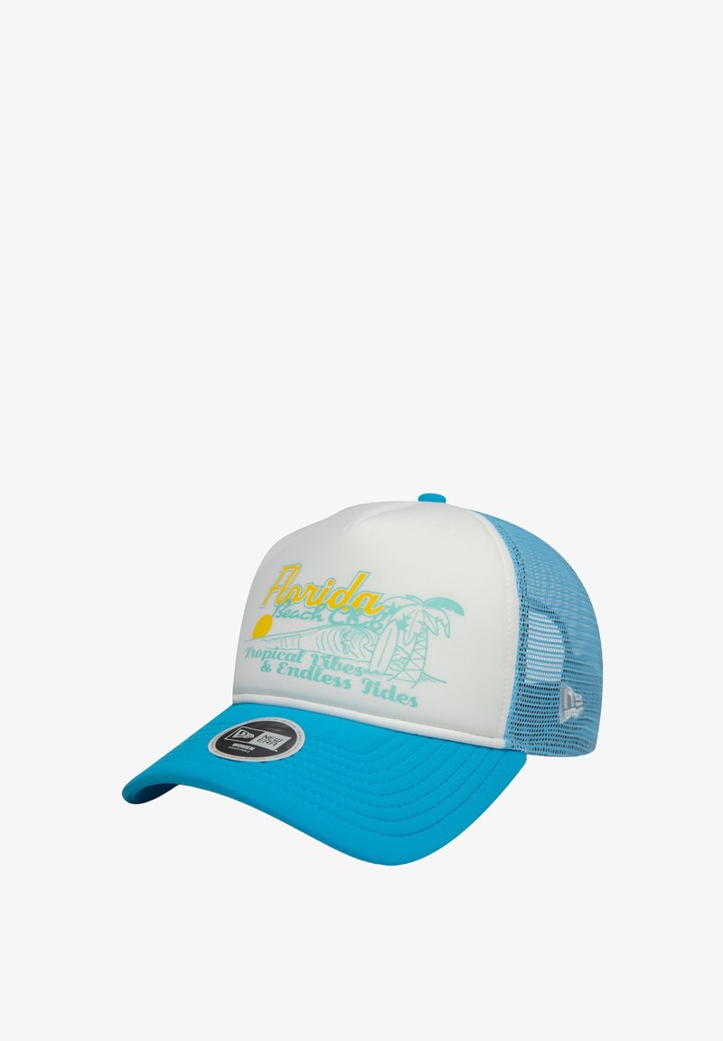White mesh cap with a blue brim, featuring the text "Florida Beach Club" and tropical graphics in yellow and green.