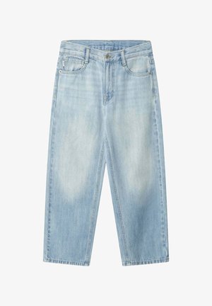 Jeans in denim azzurro chiaro con taglio dritto, chiusura frontale con bottoni e cerniera, passanti per cintura e design classico a cinque tasche.