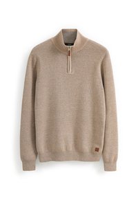 Light brown, long-sleeve sweater with a high neck and a quarter zip; features a textured knit and a small brown leather logo patch.