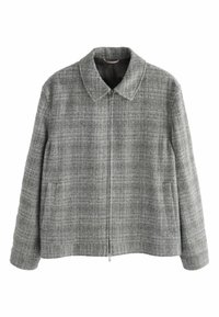 Gray plaid jacket with a collared neckline, front zipper, and two side pockets. Made from textured fabric, featuring a boxy shape.