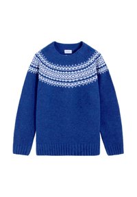 Suéter azul de punto con cuello redondo. Presenta patrones geométricos blancos en el canesú y puños y dobladillo acanalados. Textura suave.