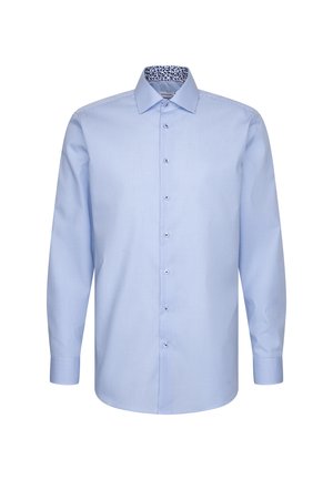 Jasnoniebieska męska koszula na długi rękaw z cienkim wzorem w kratkę i kwiatowym nadrukiem wewnątrz kołnierzyka, zapinana na guziki z przodu.