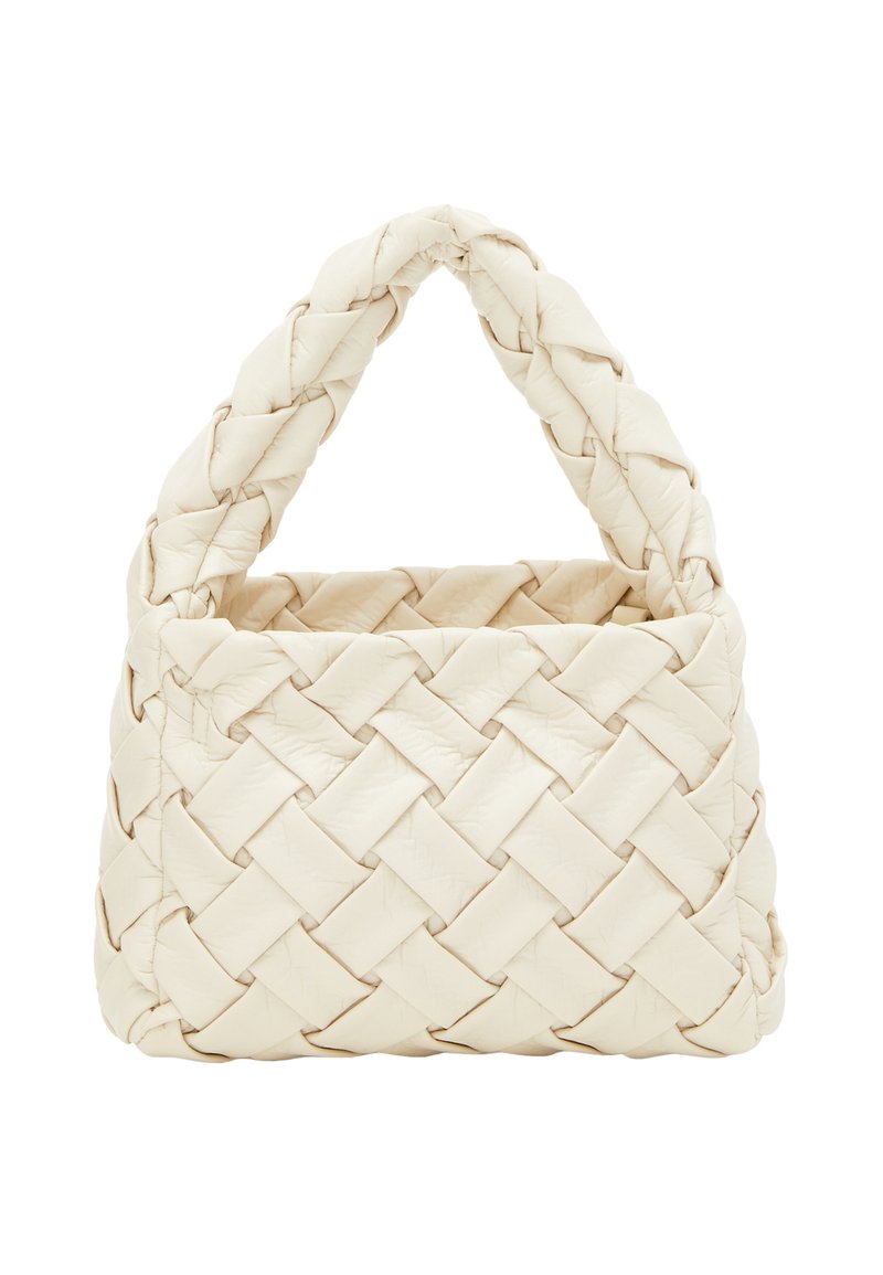Woven cream bag with a textured finish, featuring a braided handle and an open top design, structured shape.