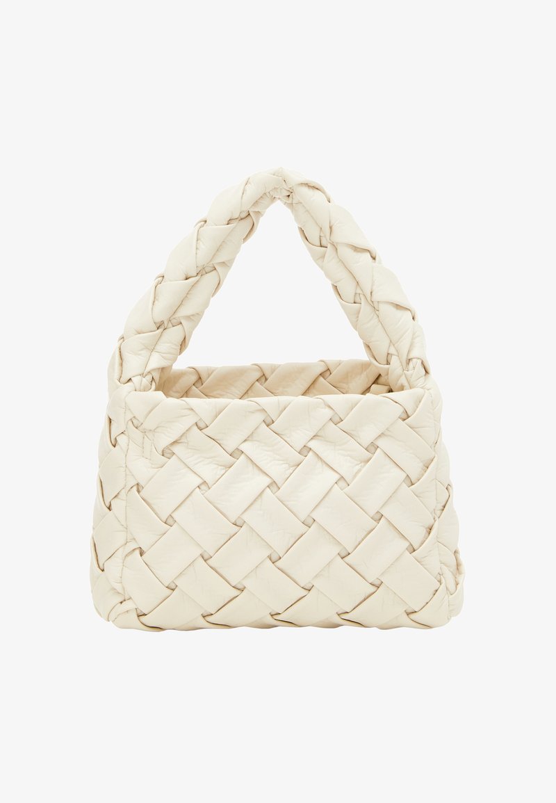Sac tissé crème avec une finition texturée, doté d'une poignée tressée et d'un design à ouverture supérieure, forme structurée.