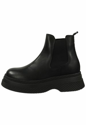 Black leather chelsea boots with elastic side panels and a thick textured sole. Features a pull tab for easy wear. Sleek, modern design.