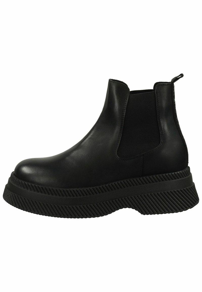 Bottes Chelsea en cuir noir avec des panneaux latéraux élastiques et une semelle épaisse et texturée. Équipées d'une languette pour un enfilage facile. Design élégant et moderne.