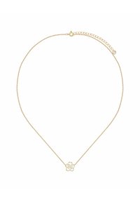 Złoty naszyjnik łańcuszkowy z prostym wisiorkiem w kształcie czteropłatkowego kwiatu o ażurowym wzorze. Łańcuszek posiada regulowany zamek i przedłużenie.