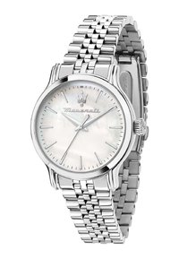 Orologio da polso in metallo argentato con un quadrante rotondo e un quadrante in madreperla, indici delle ore argentati e bracciale a maglie.