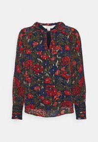 Blusa transparente de mangas longas em azul-marinho com um vibrante padrão floral em vermelho e azul, apresentando um decote em forma de lágrima e detalhes franzidos nos ombros e punhos.
