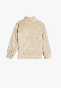 Pullover in pile beige, con colletto alto, maniche lunghe e vestibilità rilassata. Tessuto morbido con superficie pelosa e polsini a coste.