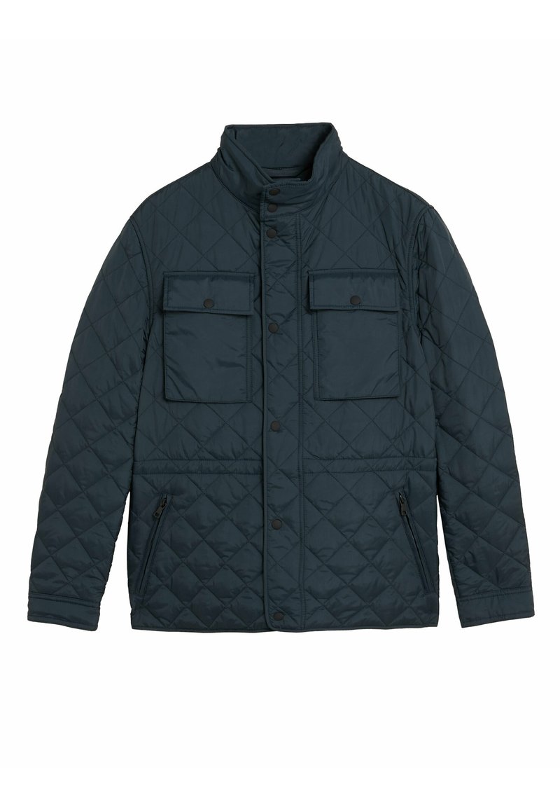 Tmavě zelená prošívaná bunda s límcem na stojáka, dvěma kapsami na hrudi a kapsami na bocích na zip. Texturovaná látka se zapínáním na patentky.