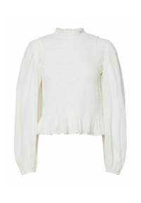 Haut blanc à manches longues avec un col montant, en tissu texturé, avec un corsage smocké et un ourlet froncé. Manches bouffantes avec des poignets élastiques.
