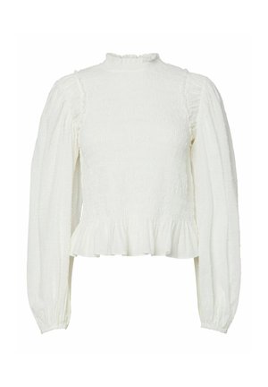Witte longsleeve top met hoge hals, textuurstof, gerimpelde lijfje en een rucheszoom. Pofmouwen met elastische manchetten.