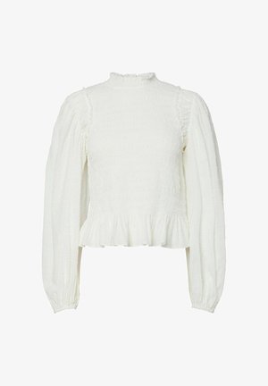 Witte longsleeve top met hoge hals, textuurstof, gerimpelde lijfje en een rucheszoom. Pofmouwen met elastische manchetten.