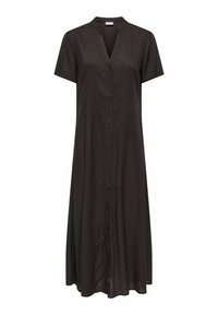 Robe noire à manches courtes avec un décolleté en V et une fermeture à boutons à l'avant, fabriquée dans un tissu doux, présentant une silhouette ample et fluide.