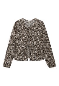 Blouse en imprimé léopard beige et noir. Avec un col rond, des manches longues et un design en peplum avec des détails de boutons à l'avant.