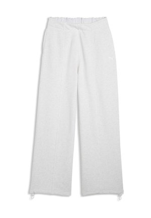 Pantalon gris clair à jambes larges avec taille élastique et cordons réglables aux chevilles, design épuré, coutures verticales visibles.