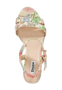 Floral-patterned strappy sandal in beige with a textured woven upper, adjustable ankle strap, and smooth beige insole labeled "Dune London."