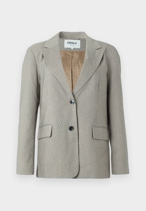 Hellgrauer Blazer mit kariertem Muster, mit Reverskragen, zwei Fronttaschen und einem Knopfverschluss. Gefüttert mit einem beigen Innenfutter.