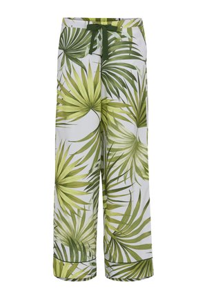 Witte wijde broek met groene tropische palmbladerenprint en een donkergroene trekkoord in de tailleband.