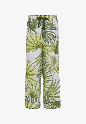 Białe spodnie o szerokich nogawkach z zielonym tropikalnym nadrukiem liści palmy oraz ciemnozielonym sznurkiem w pasie.