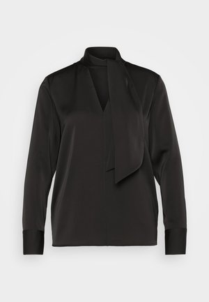 Blusa nera a maniche lunghe in tessuto morbido, con scollatura a V e dettaglio al collo legato. Le maniche hanno polsini con bottone.