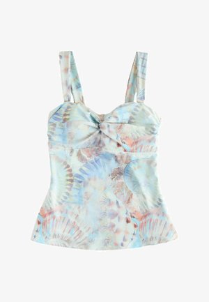Hellblaues Tanktop mit breiten Trägern, gedrehtem Knoten-Detail an der Brust und Muschelmotiv in Pastelltönen von Rosa, Beige und Blau.