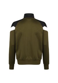 Olive green zip-up jacket with black and white shoulder accents, ribbed cuffs, and smooth texture, designed for a fitted look.