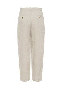 Bēšas lina bikses ar taisnām kājām, jostas cilpām un divām aizmugurējām kabatām ar pogu aizdari.