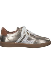 Metallic gold and white sneaker with perforated design. Features white laces, brown accents, and a rubber sole. Smooth texture throughout.