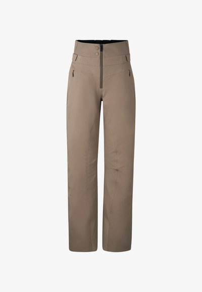 Beige waterdichte broek met een hoge taille, voorzien van een ritssluiting aan de voorkant en twee zijzakken, gemaakt van een gladde, duurzame stof.