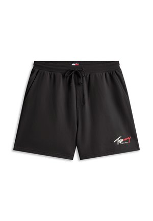 Schwarze, legere Herren-Shorts mit elastischem Bund und Kordelzug, Seitentaschen und kleinem "Tommy Jeans"-Logo am unteren linken Bein.