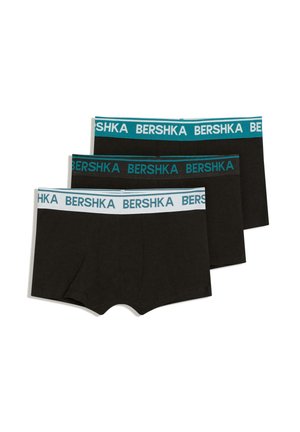 Drei schwarze Boxershorts mit elastischen Taillenbändern in Weiß, Schwarz und Türkis, jeweils mit dem Markennamen "BERSHKA" in kontrastierenden Farben versehen.