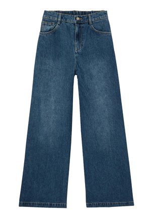 Jean en denim bleu à taille haute, jambes larges, fermeture à boutons sur le devant, passants de ceinture, deux poches avant et surpiqûres classiques.