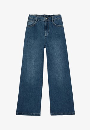 Jean en denim bleu à taille haute, jambes larges, fermeture à boutons sur le devant, passants de ceinture, deux poches avant et surpiqûres classiques.