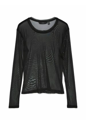 Sort langærmet top lavet af mesh-stof, med rund halsudskæring og tekstureret, gennemsigtigt design med subtile vandrette striber.