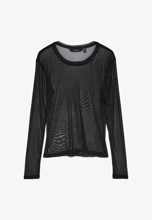 Maglietta nera a maniche lunghe realizzata in tessuto mesh, con scollatura rotonda e design trasparente e texturizzato con sottili righe orizzontali.