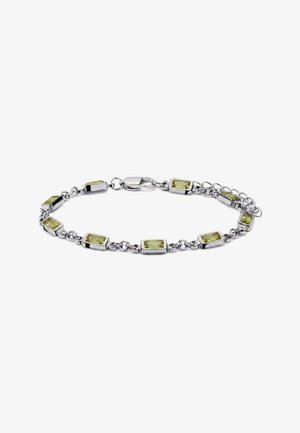 Silbernes Kettenarmband mit rechteckigen hellgrünen Edelsteinen gleichmäßig verteilt und einem Karabinerverschluss mit verstellbarer Kette.